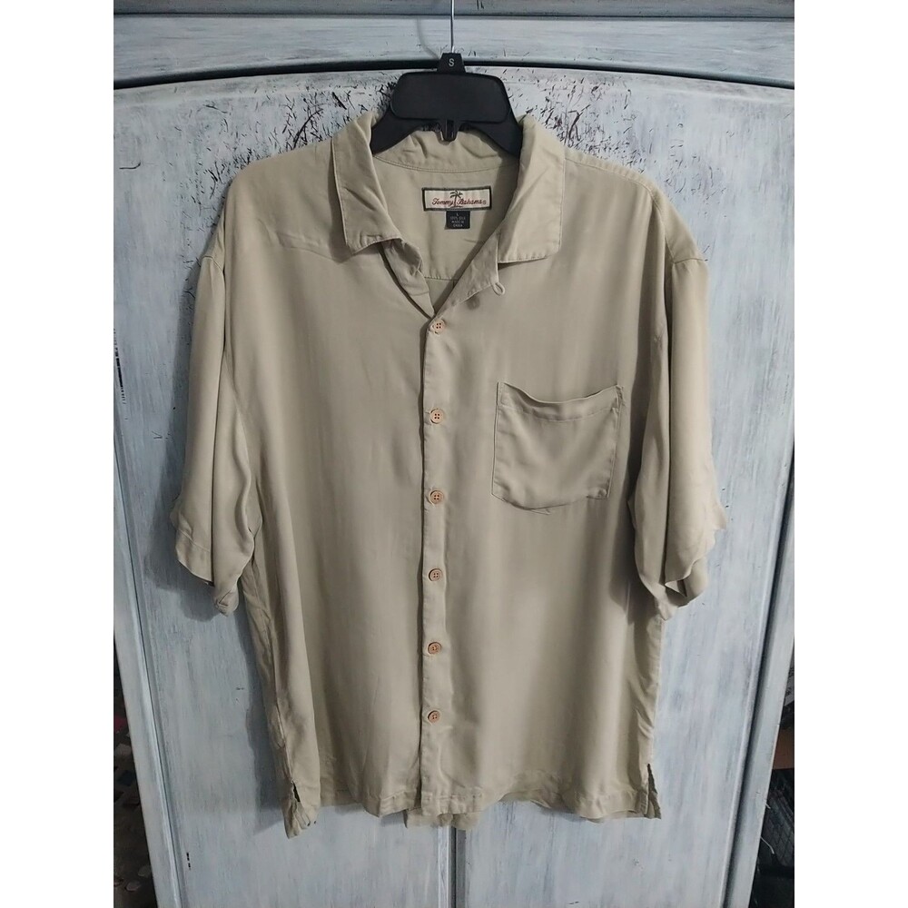 Tommy Bahama 100% Silk Mens Collared Button Down Shirt Large Beige